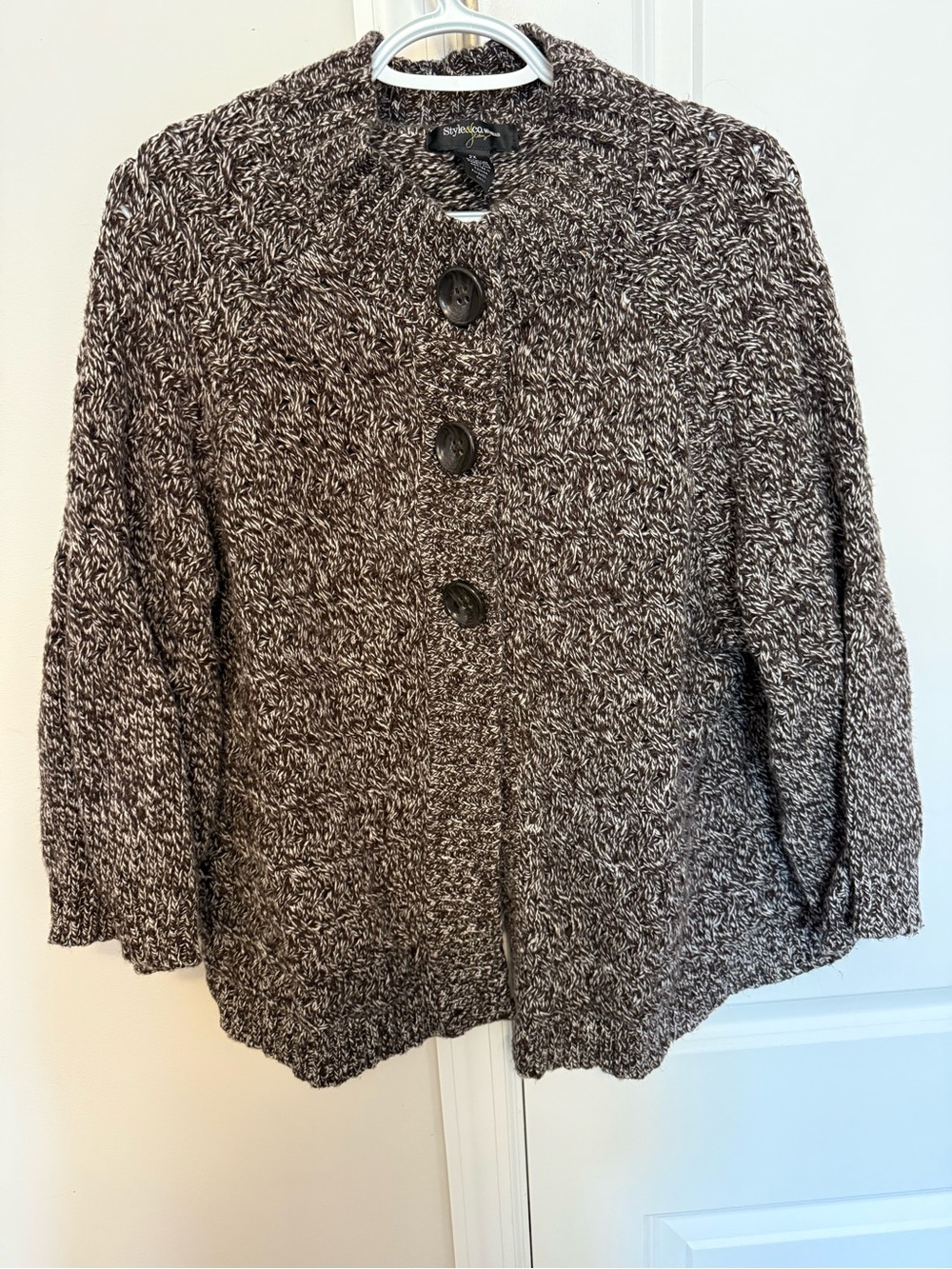 Style & Co. Brown and White Marled Button-Up Cardigan